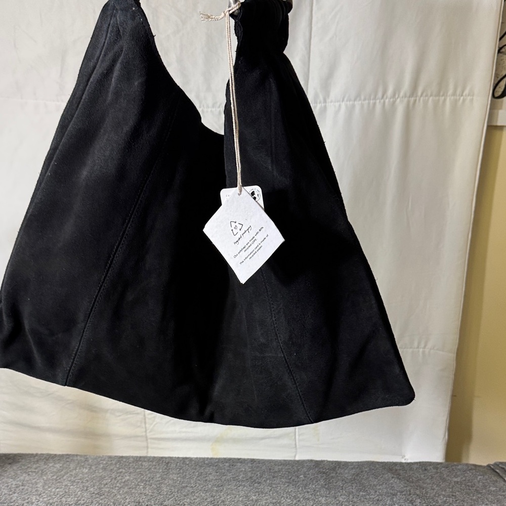Free‎ People Black Suede Shoulder Bag Metal Bar Handles Boho Slouchy Tote - Picture 11 of 11